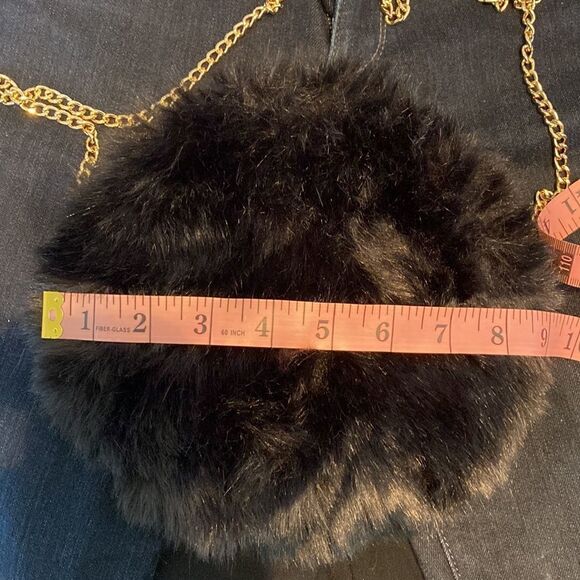 NWOT Retro Style Black Fluffy Faux Fur Gold Chain Strap Mini Crossbody - Picture 7 of 7